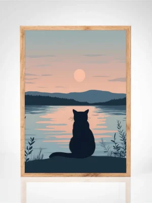 Affiche "Chat contemplant le coucher de soleil"